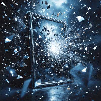 The primary subject of the image is a broken mirror, which is the main object in the scene. The mirror is shattered into many pieces, creating a visually striking and dramatic effect. The setting is a dark room, which adds to the mood of the image. The visual style of the image is a digital art or illustration, as it is a creative and artistic representation of the broken mirror. The colors and mood of the image are predominantly dark and moody, with the broken mirror pieces creating a